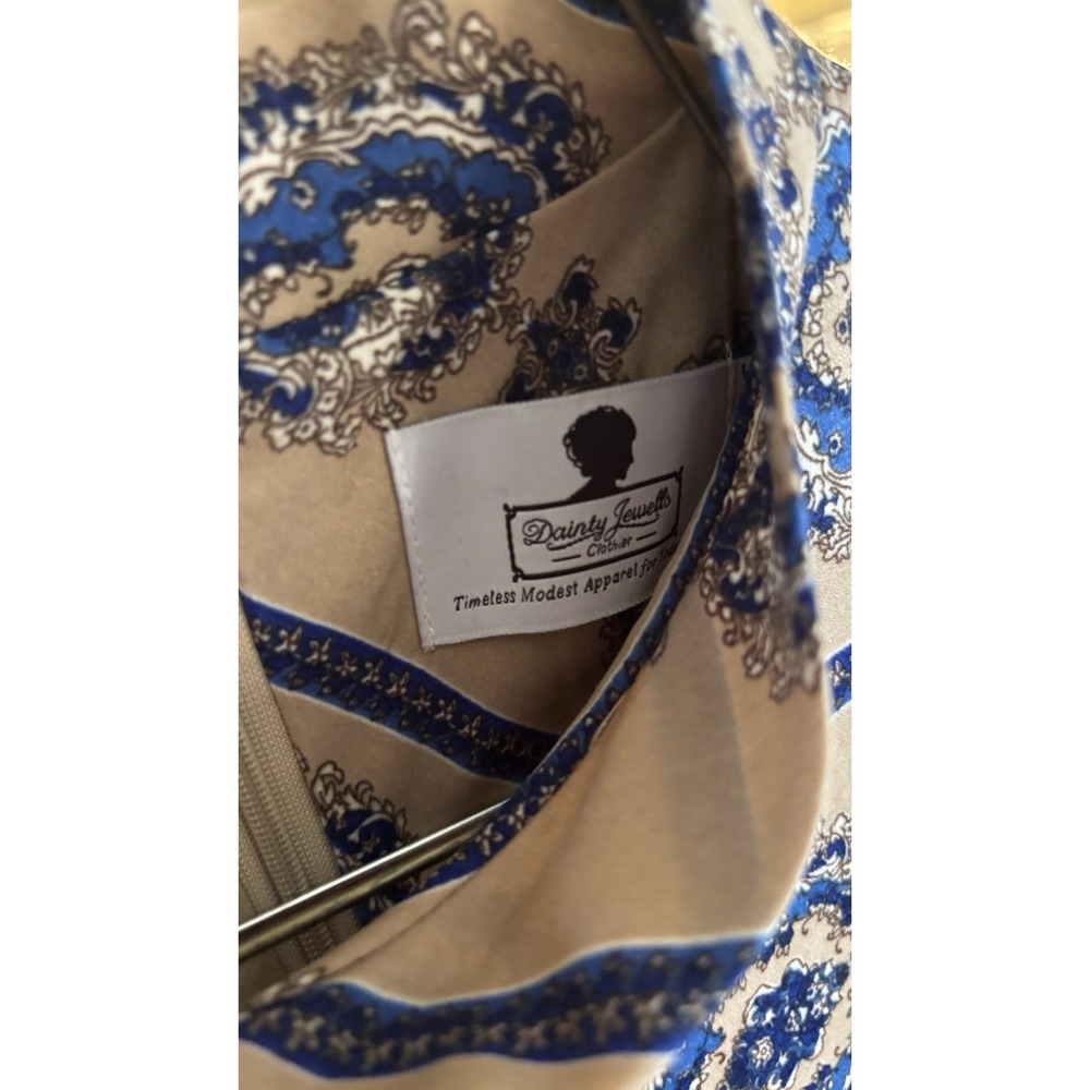 Dainty Jewells Modest Midi Dress Med Beige & Blue Cottage Core Retro Mad Men - Picture 4 of 8
